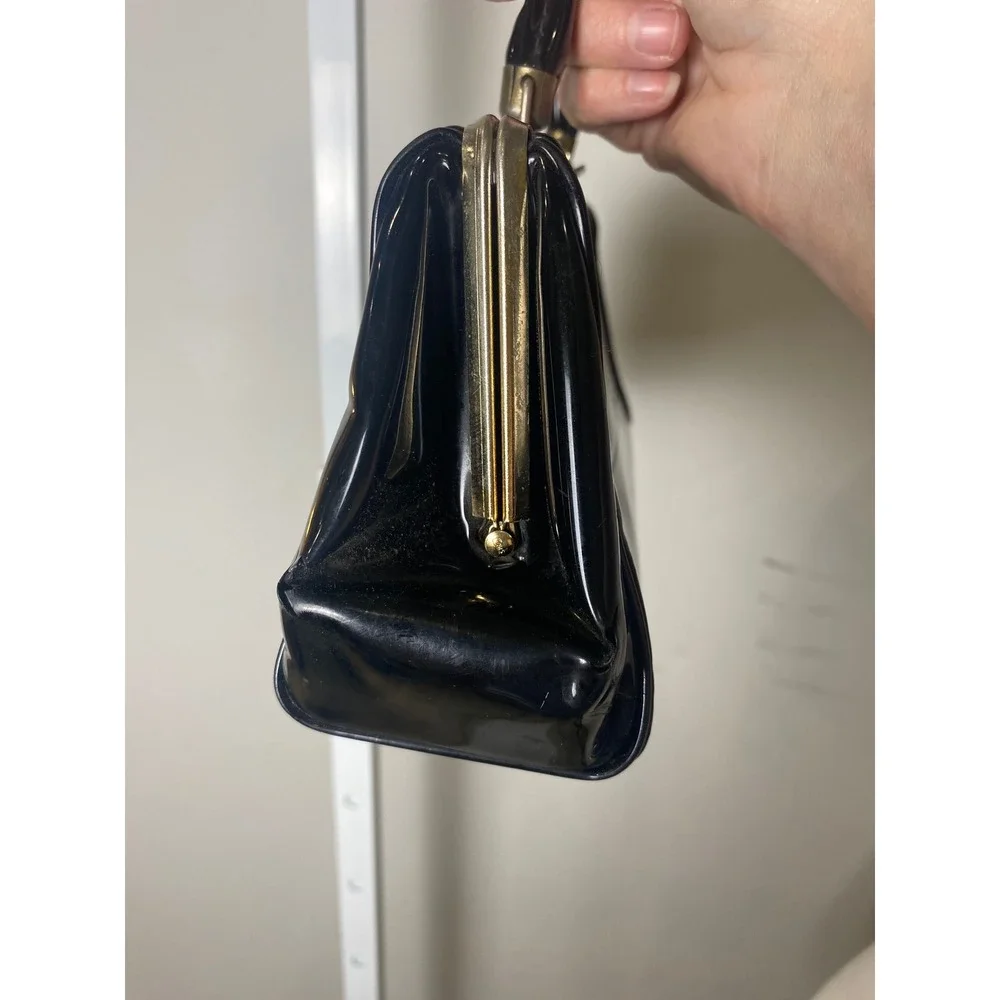 Vintage Black Patent Leather Top Handle Handbag Doctor Bag Mid Century